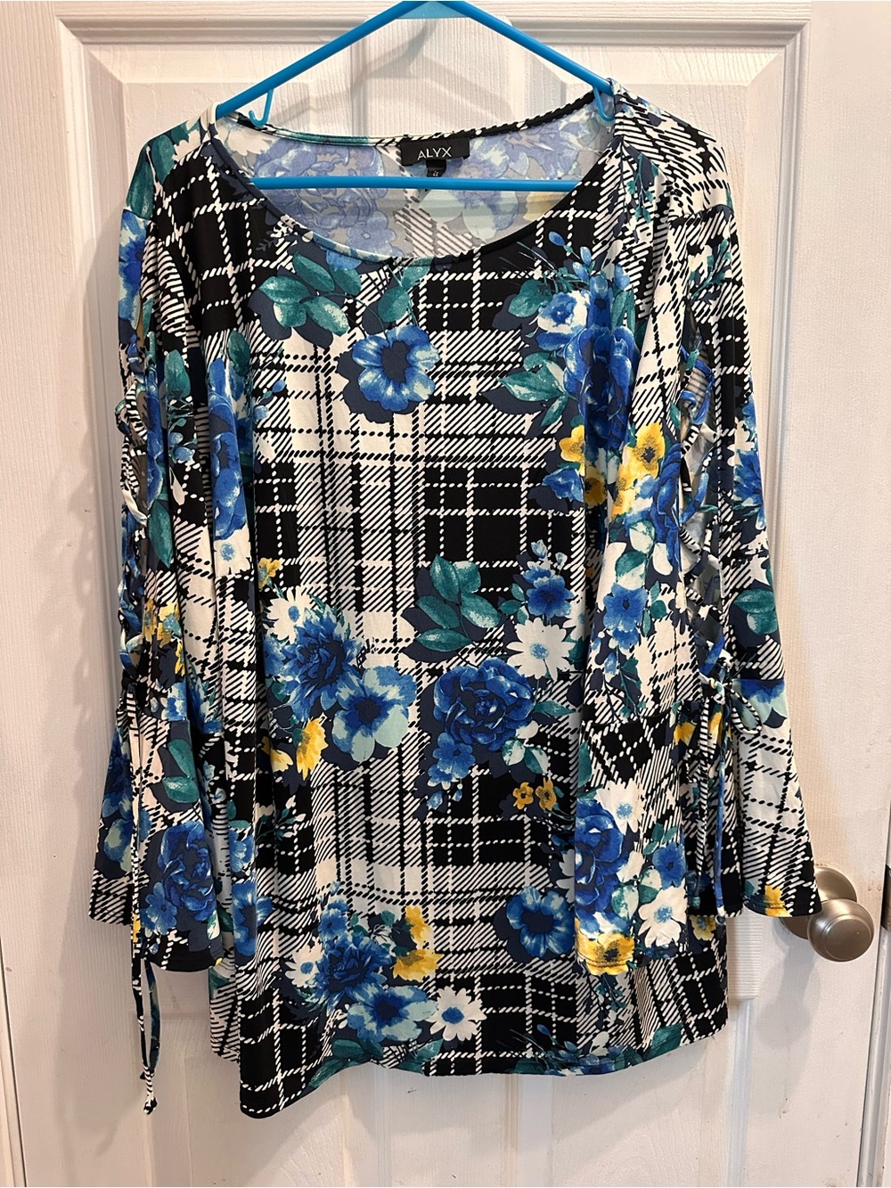 ALYX Black-and-White Plaid Long-Sleeve Top with Blue Floral Print